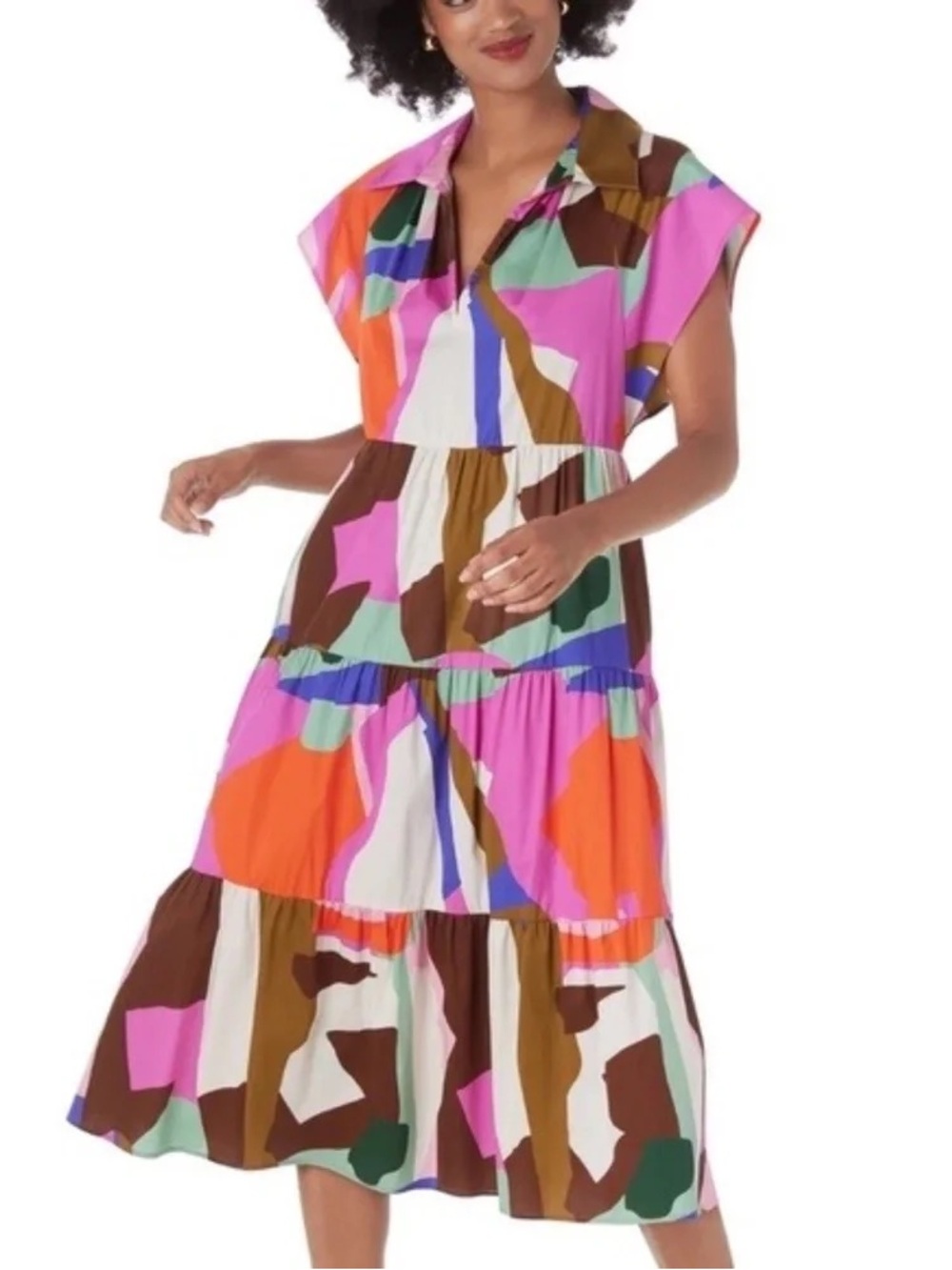 Crosby by Mollie Burch. Watson Tiered Midi Dress. Geometric Multi. Size Med.
